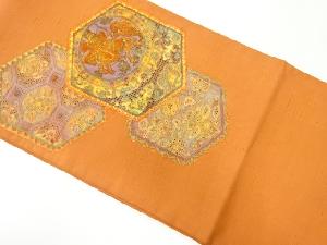 リサイクル　手織り紬汕頭相良蘇州刺繍亀甲に狩猟・草花模様袋帯